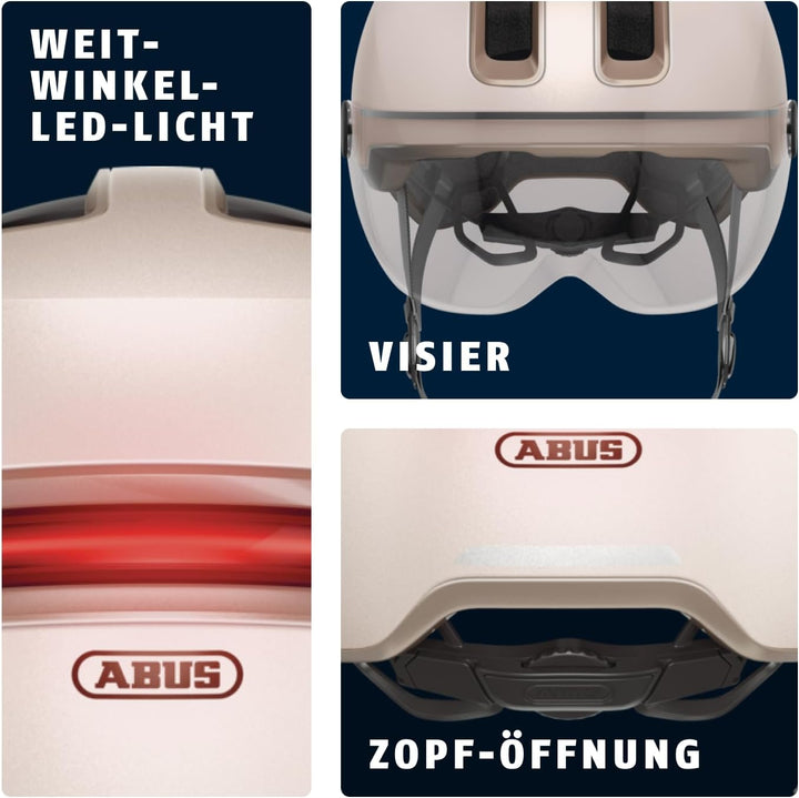 ABUS Stadthelm HUD-Y ACE - stylischer Fahrradhelm mit Visier und magnetischem, aufladbarem LED-Rückl