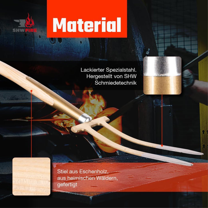 SHW-FIRE 59046 Rosengabel Bajonettzinken Stahl Handgeschmiedet Geschmiedet mit Stiel Holzstiel 85 cm