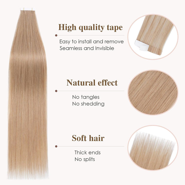 TESS Tape Extensions Echthaar 35 cm, Blond Tape Klebeband Haarverlängerung 20 pcs Glatt Dunkelblond