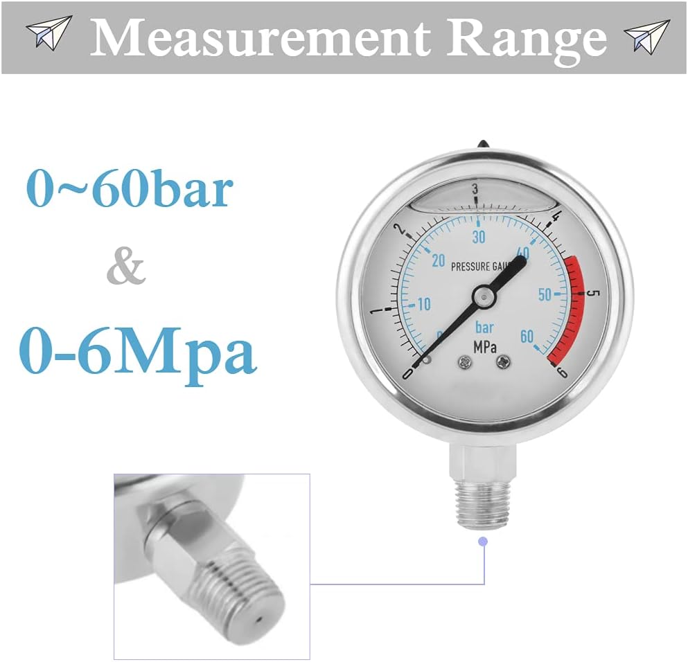 0-60Bar 0-6Mpa Manometer, Pressure Gauge 1/4 Zoll NPT 60mm Durchmesser Luftdruckhydraulisches Wasser
