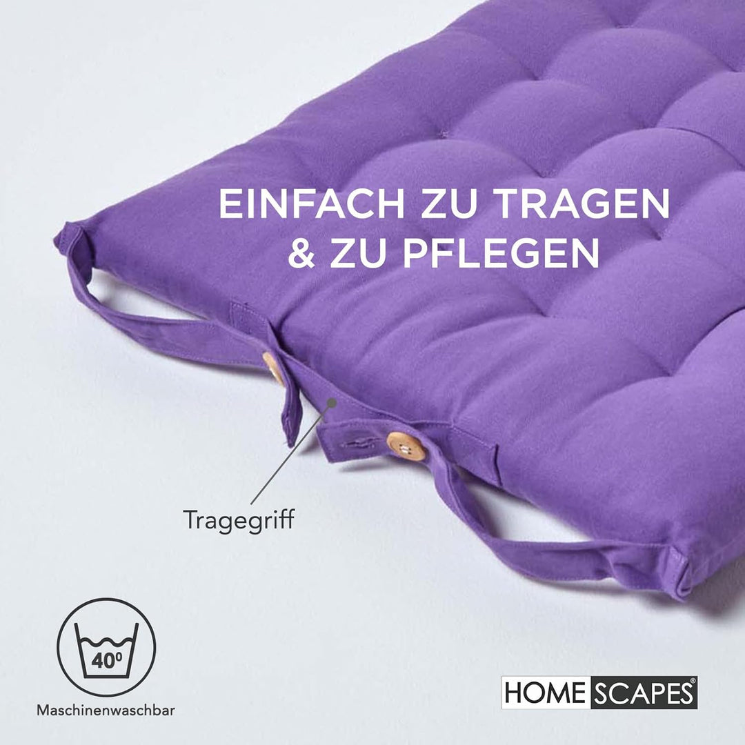 HOMESCAPES 4er Set Stuhlkissen 40 x 40 cm, lila, Sitzkissen mit Bändern und Knopfverschluss, einfarb