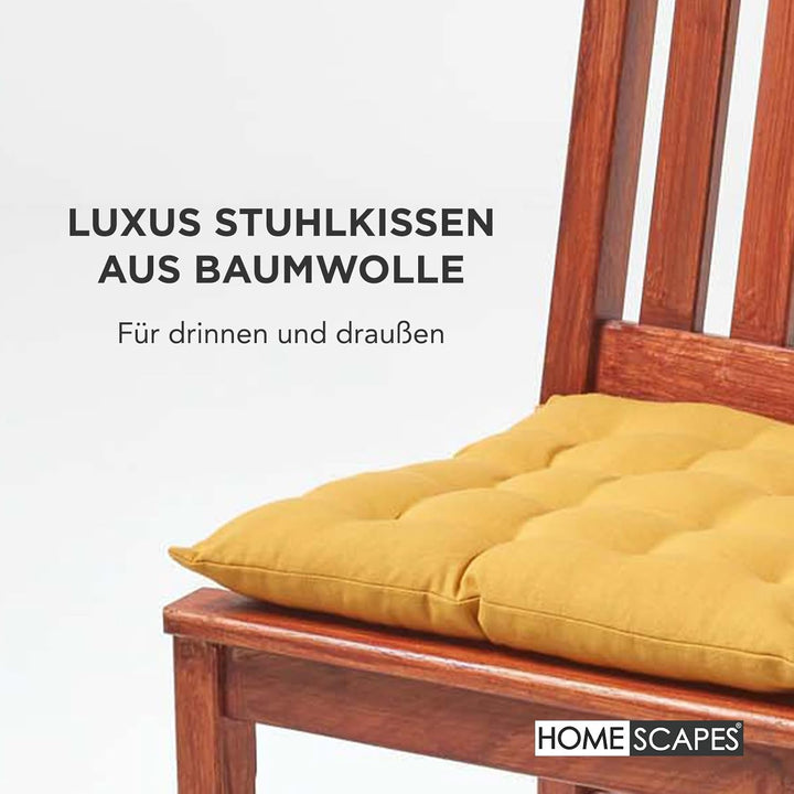 Homescapes 6er Set Stuhlkissen 40 x 40 cm, senfgelb, Sitzkissen mit Bändern und Knopfverschluss, ein