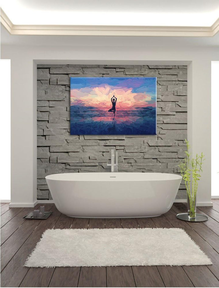 Pixxprint Yoga am Strand Kunst als Leinwandbild/Grösse: 100x70 cm/Wandbild/Kunstdruck/fertig bespann