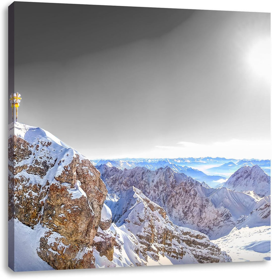 Pixxprint Zugspitze im Sonnenlicht Schwarz/Weiss, Format: 70x70 auf Leinwand, 70x70