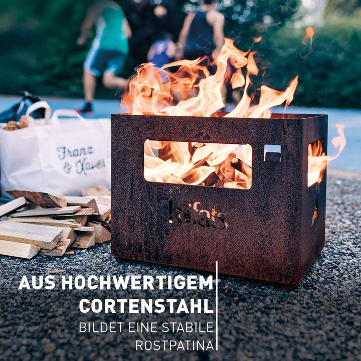 höfats - Beer Box Feuerschale - Getränkekiste, Feuerkorb, Grill, Flaschenöffner und Hocker in einem