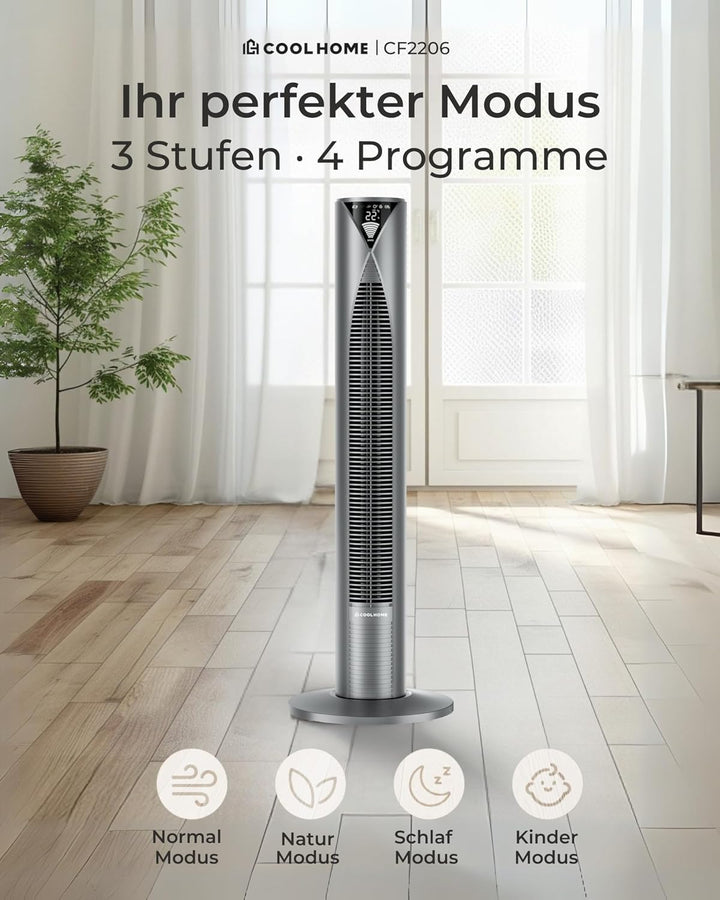 CoolHome CF2206 Turmventilator - Ventilator mit Fernbedienung - 96 CM - Dimmbares LED Display - Grau