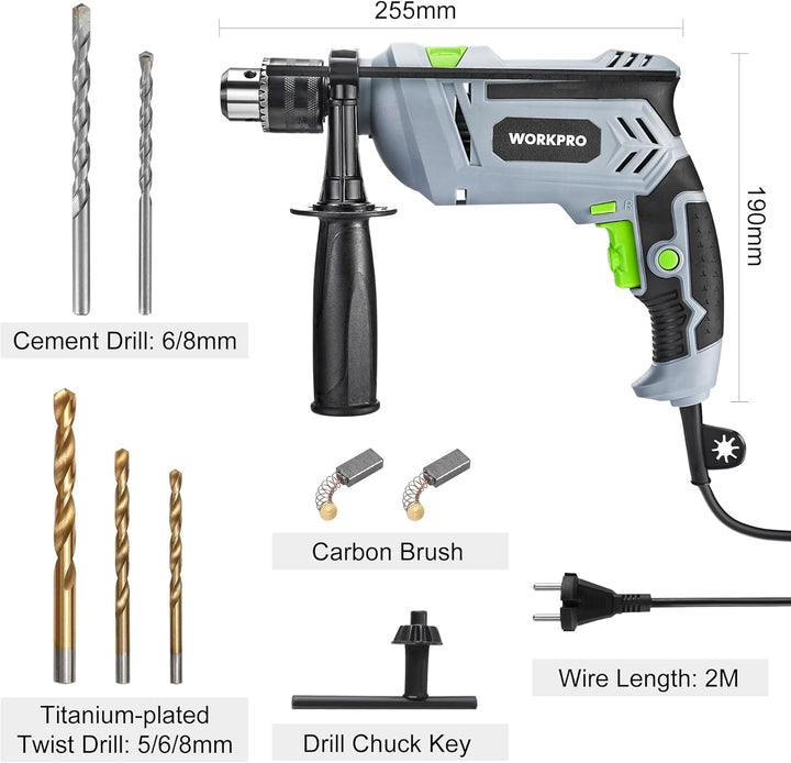 WORKPRO Schlagbohrmaschine 850W, Bohrmaschine 3000RPM, 2 in 1 Hammer und Bohrer mit 360° Drehgriff,