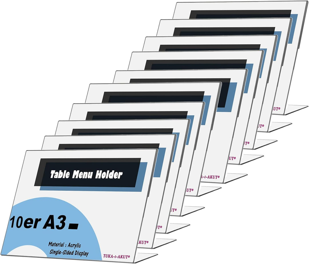 TUKA 10X A3 Quer Acryl Anzeige-Ständer Plakataufsteller, Tischaufsteller Schräg L-Ständer, Prospekts