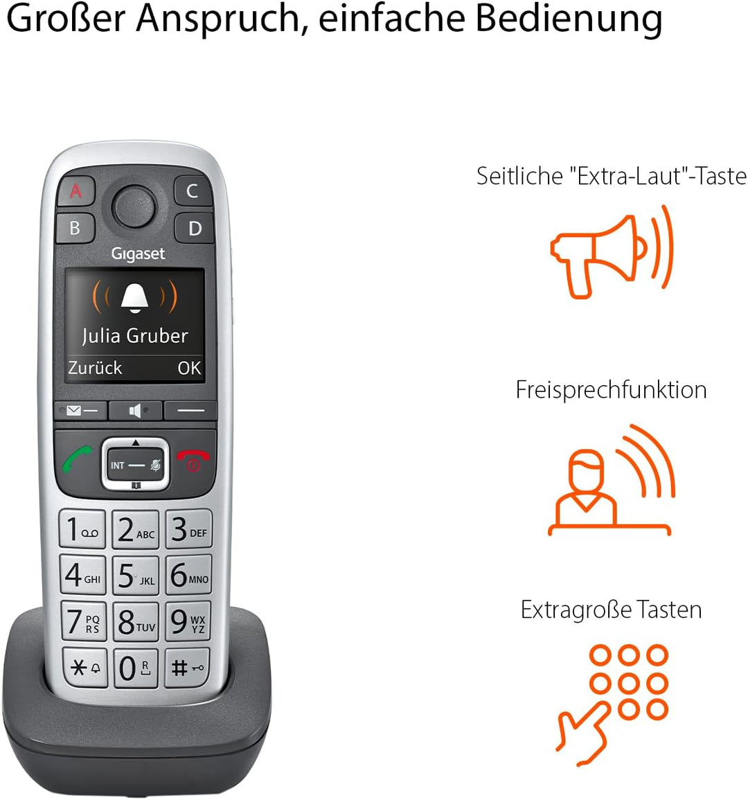 Gigaset E560HX - DECT-Mobilteil mit Ladeschale - Fritzbox-kompatibel - Schnurloses Senioren-Telefon