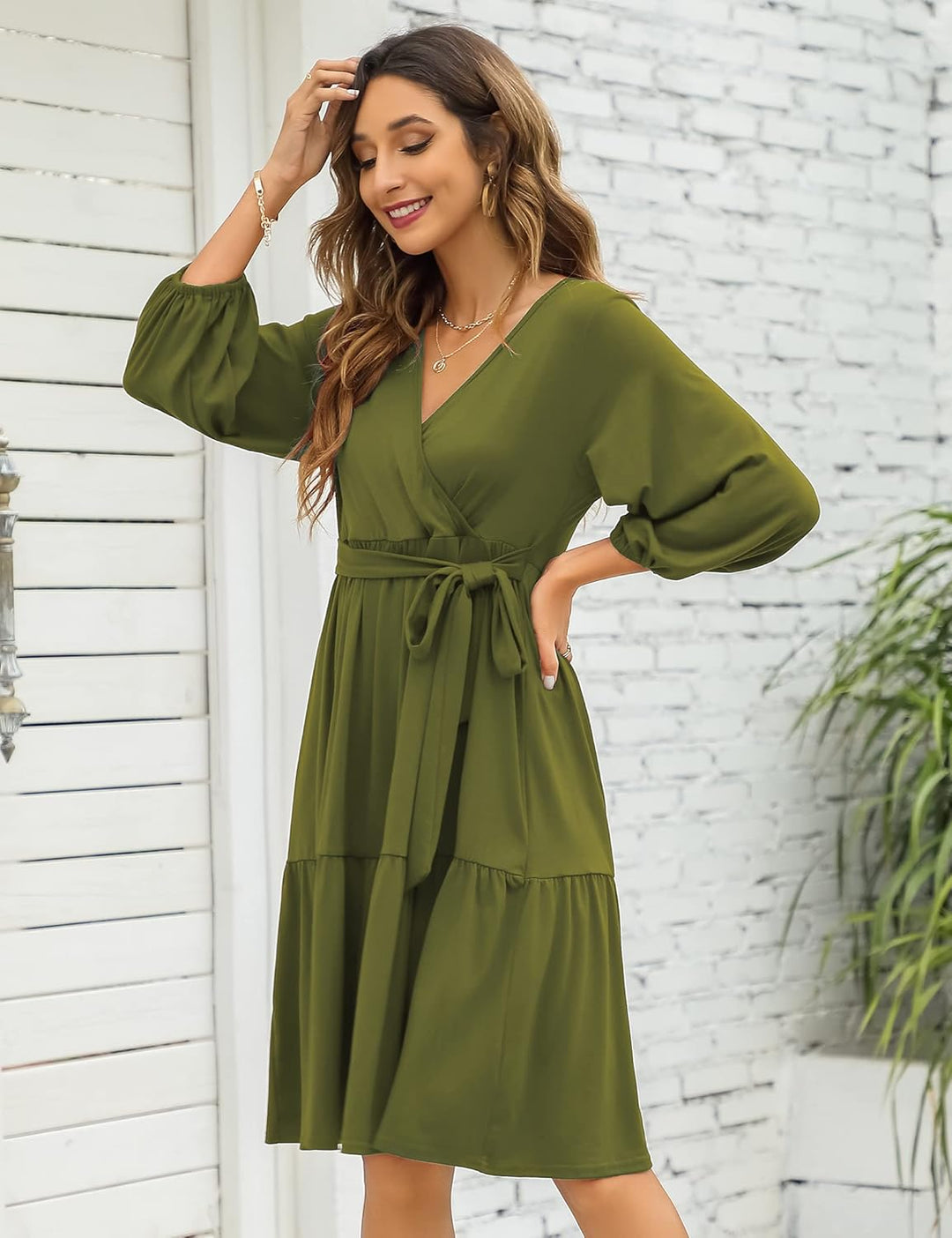 KOJOOIN Damen Umstandskleid V-Ausschnitt 3/4 Ärmel Stillkleid Rüschen Schwangerschafts Kleider mit G