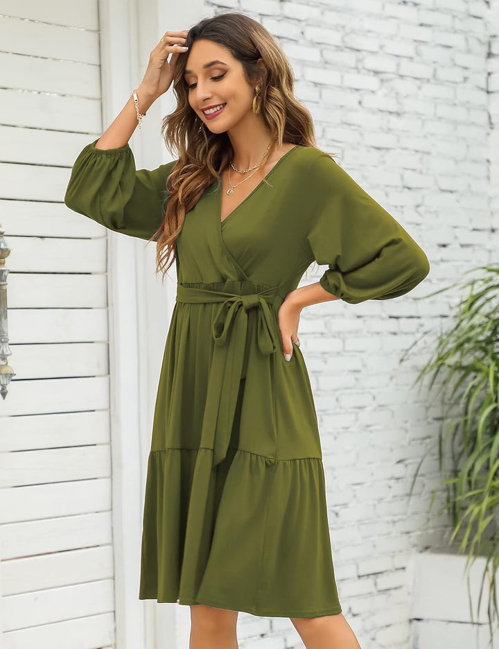 KOJOOIN Damen Umstandskleid V-Ausschnitt 3/4 Ärmel Stillkleid Rüschen Schwangerschafts Kleider mit G