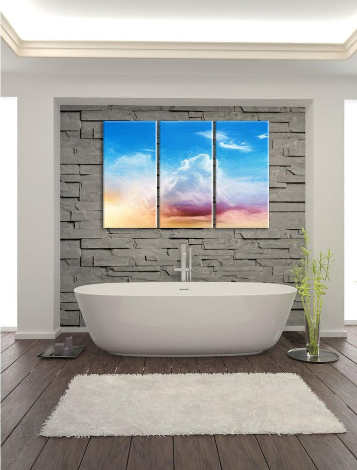 Pixxprint Wolkiger Himmel bedeckt Sonne Bunstift Effekt 3-Teiler Leinwandbild 120x80 Bild auf Leinwa
