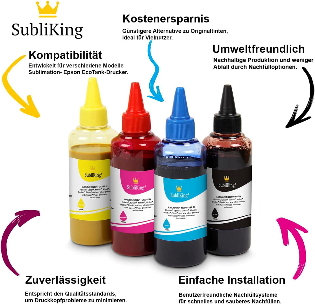 4X 100ml SubliKing® Sublimationstinte (CMYK-Set) für Epson, Ricoh &, 4x 100ml Sublimationstinte, cya