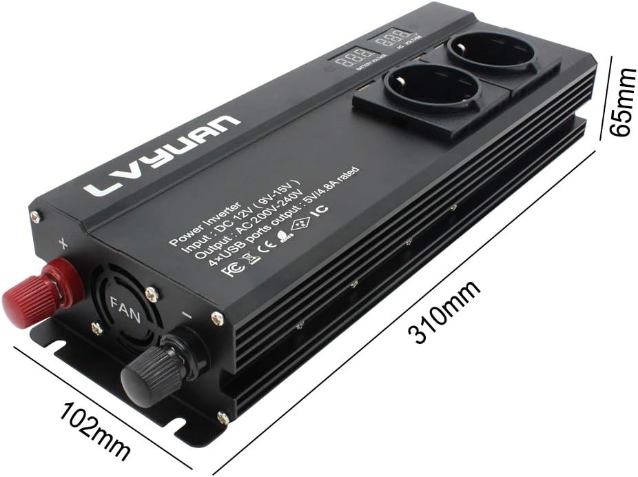 Cantonape Spannungswandler 12V 230V /1000w (2000w Peak Wechselrichter mit 3 Steckdose und 4 USB LED