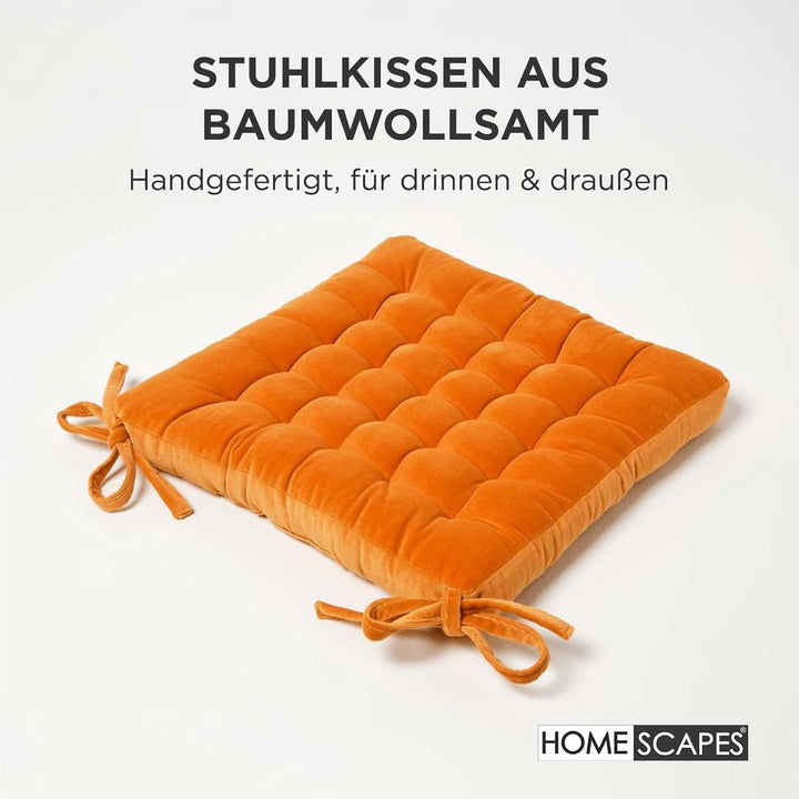 Homescapes 4er-Set Samt Stuhlkissen 40x40 orange, Sitzauflagen mit Bändern, bequeme Sitzkissen für S