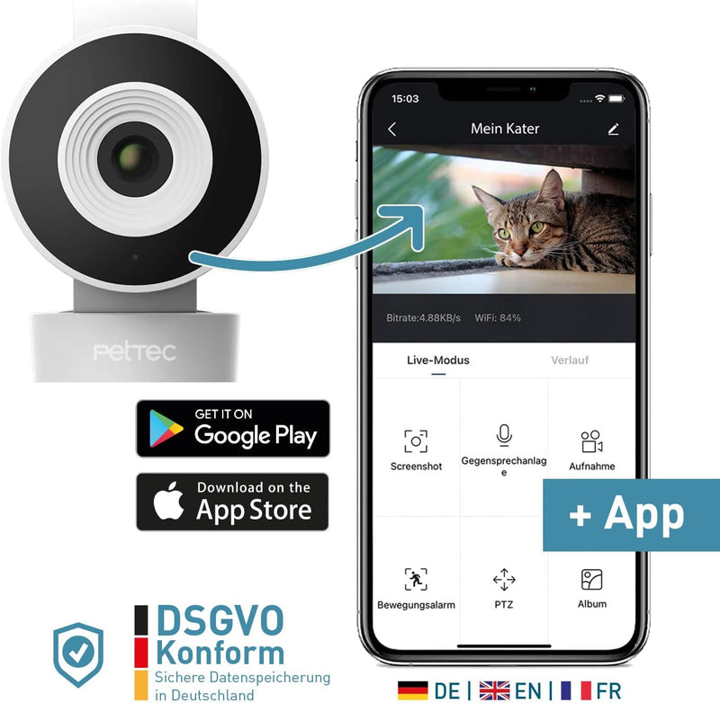 PetTec Cam Lite | Überwachungskamera für Haustiere mit App, Bewegungsmelder & Handyübertragung | WiF