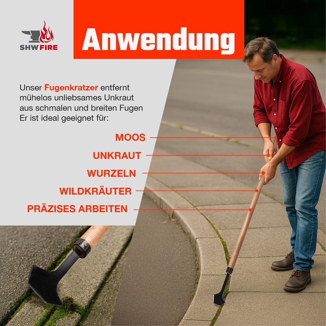 SHW-FIRE Fugenkratzer mit präzisem Schliff mit langem Holzstiel - perfektes Gartenwerkzeug für die U