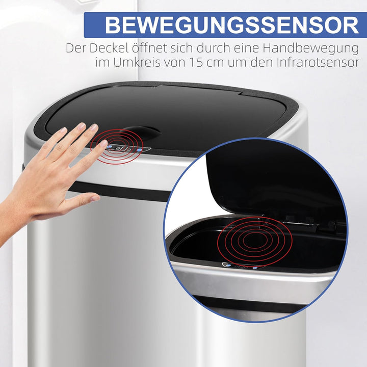 HOMCOM Automatik Mülleimer Abfalleimer mit Infrarotsensor Kücheneimer 58L Silber L40,9 x B28,9 x H68