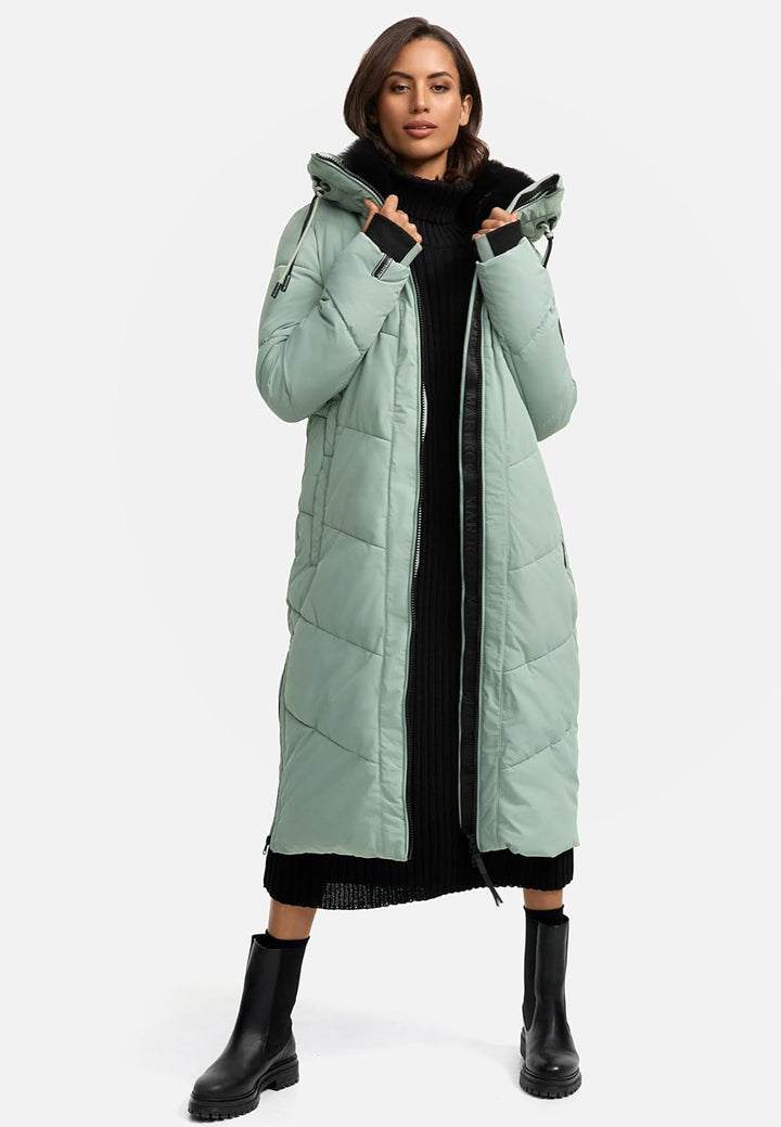 MARIKOO Damen Wintermantel warmer Steppmantel lang mit verstellbarer Kapuze und hohem Kragen Nadaree