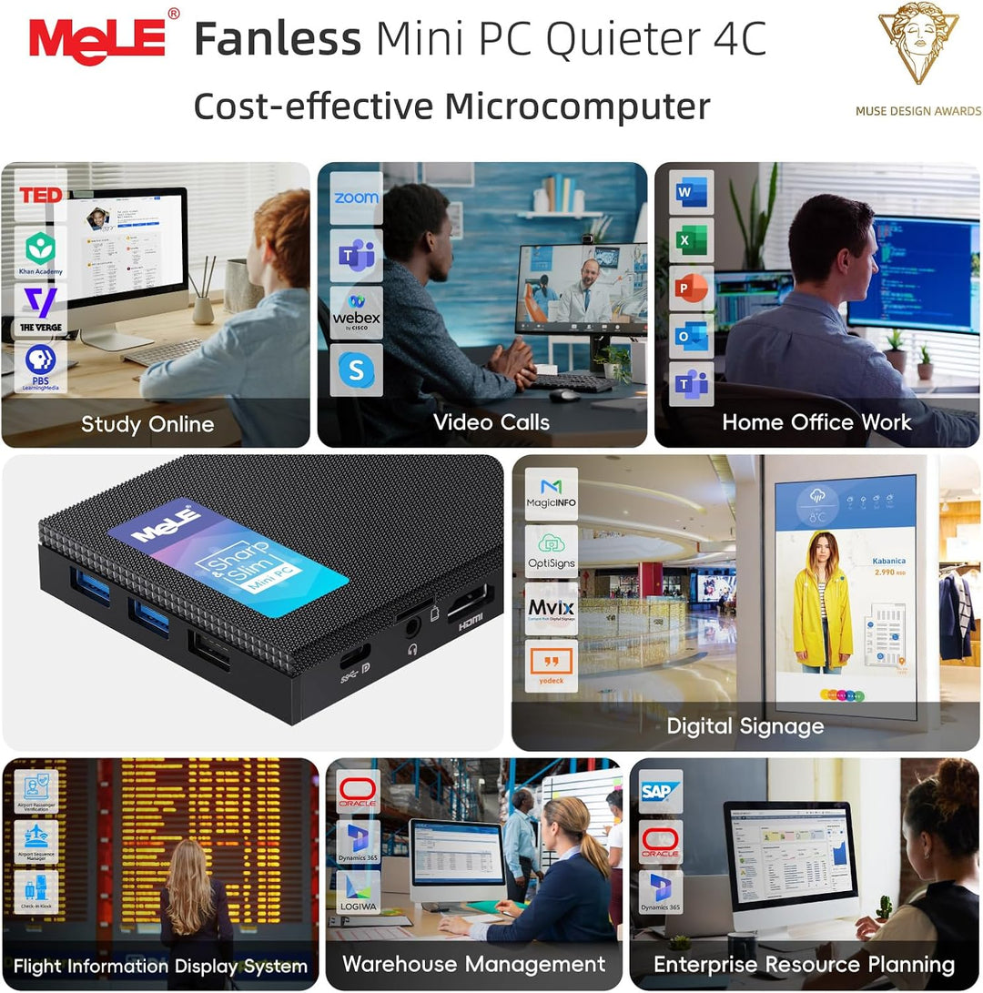 MeLE Mini PC Quieter 4C lüfterloser PC, N100 16GB RAM 512GB ROM, Win11 Pro, Vollfunktionsfähiges USB