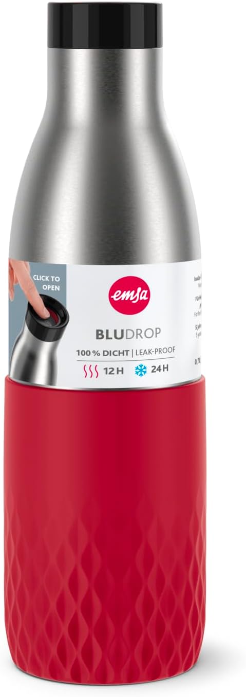 Emsa Bludrop Isolier-Trinkflasche, wiederverwendbar, Edelstahl, nachhaltig, Pulverbeschichtung, 360°