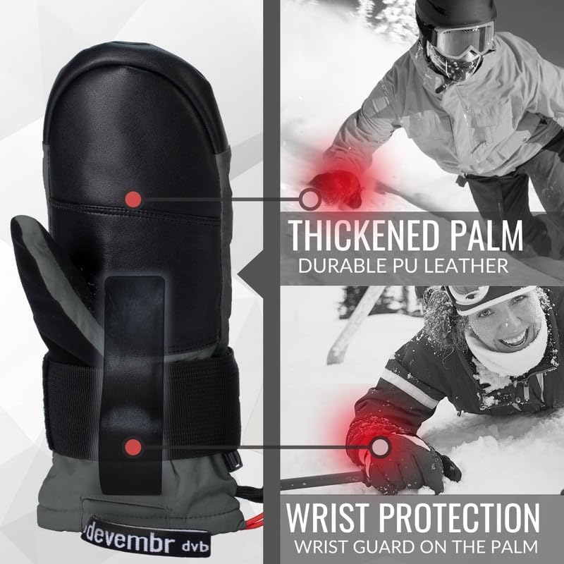 devembr Ski-Fäustlinge mit Handgelenkschützern, Warme Snowboard-Fäustlinge, Wasserdicht (S/M/L) Grau