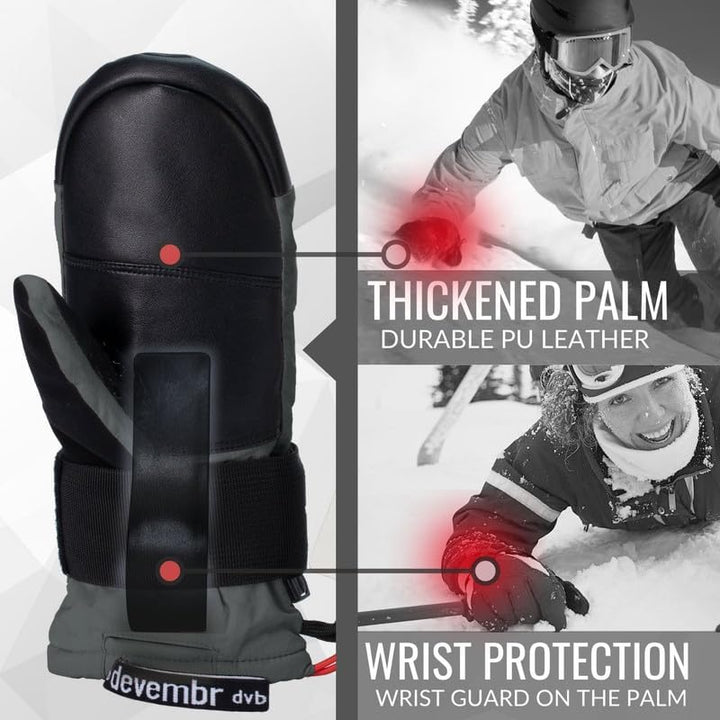 devembr Ski-Fäustlinge mit Handgelenkschützern, Warme Snowboard-Fäustlinge, Wasserdicht (S/M/L) Grau