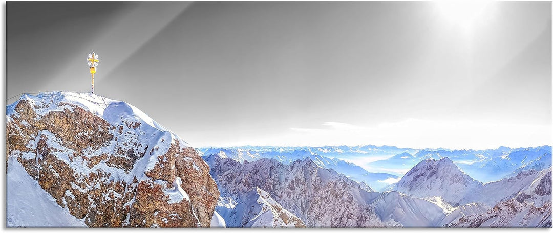 Glasbild Panorama | Wandbild aus Echtglas | Zugspitze im Sonnenlicht | 100x40 cm | inkl. Aufhängung
