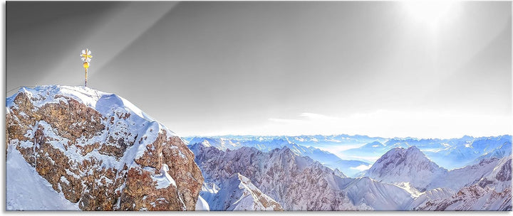 Glasbild Panorama | Wandbild aus Echtglas | Zugspitze im Sonnenlicht | 100x40 cm | inkl. Aufhängung