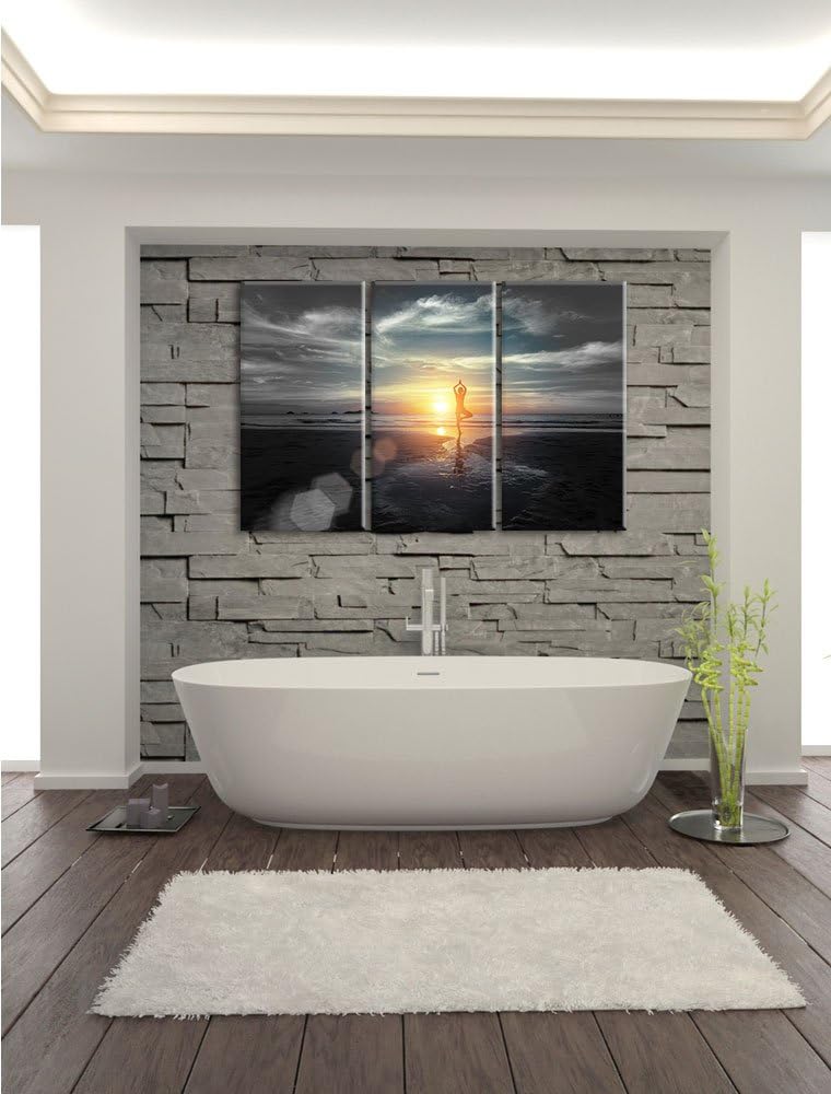 Pixxprint Yoga Silhouette bei Sonnenuntergang am Strand B&W Detail 3-Teiler Leinwandbild 120x80 Bild