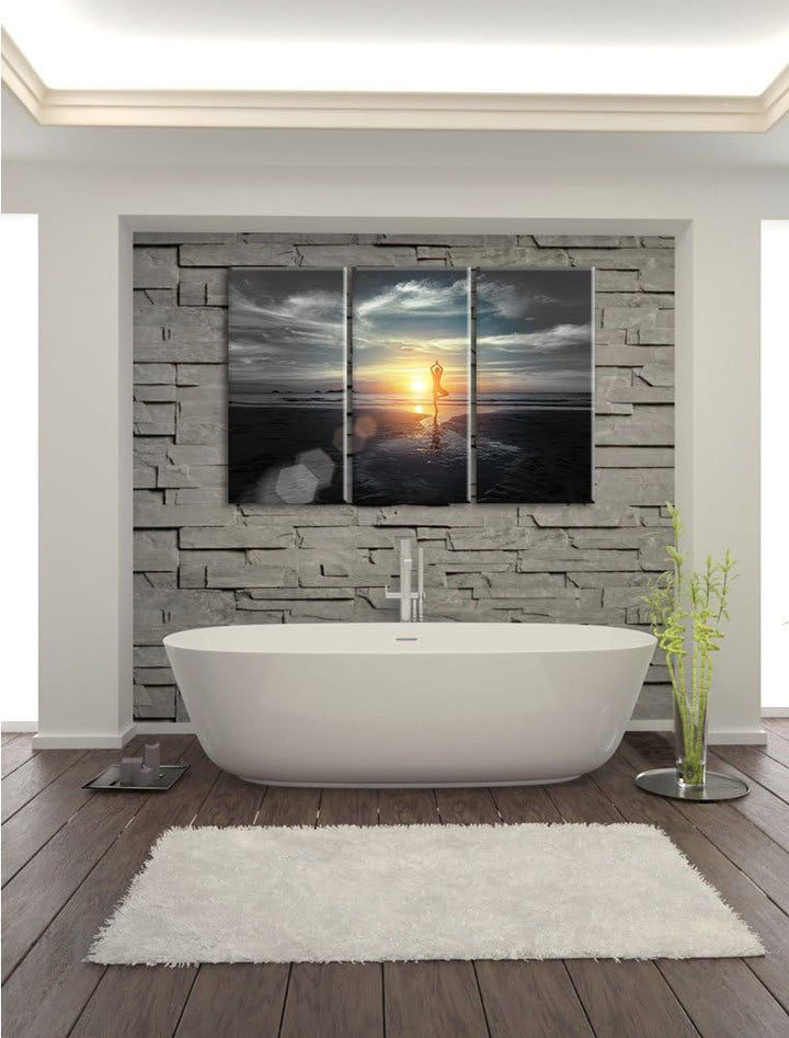 Pixxprint Yoga Silhouette bei Sonnenuntergang am Strand B&W Detail 3-Teiler Leinwandbild 120x80 Bild