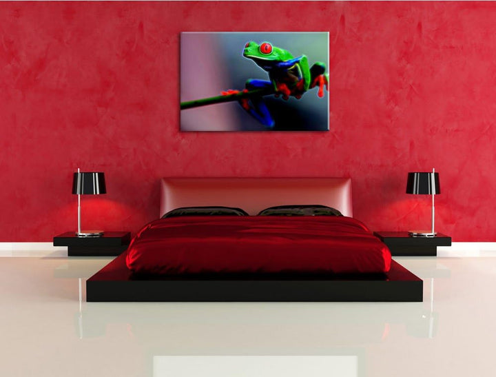 Grüner Frosch auf Ast Deluxe Format: 100x70 cm auf Leinwand, XXL riesige Bilder fertig gerahmt mit K