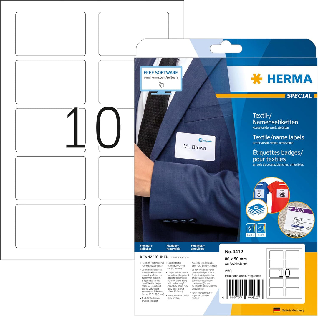 HERMA 4412 Namensetiketten ablösbar, 25 Blatt, 80 x 50 mm, 10 Stück pro A4 Bogen, 250 Aufkleber, sel