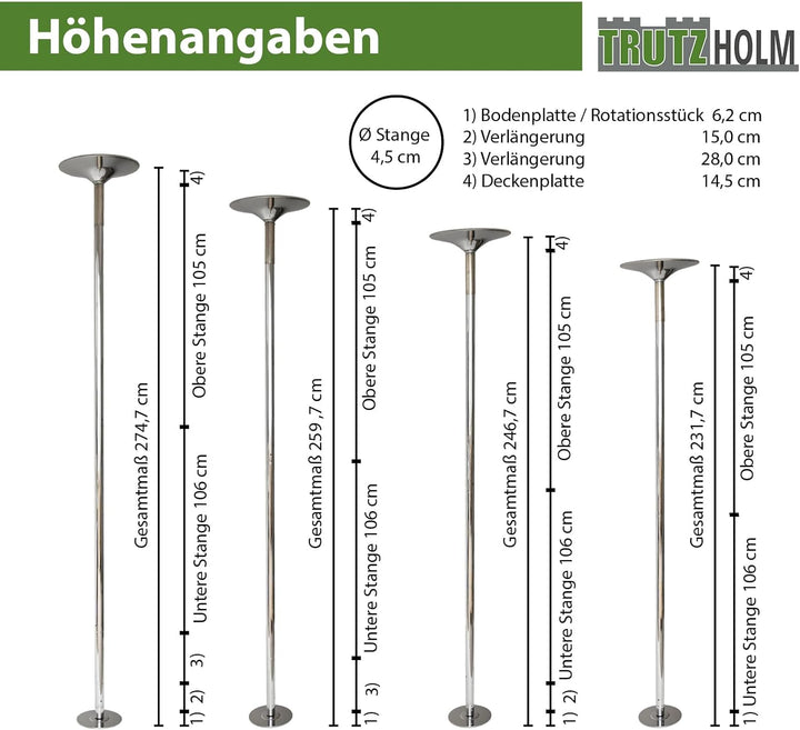 Profi Pole Dance Tanzstange 45mm, GoGo Tabledance mit Static + Spinning Funktion, von 223 - 274 cm H