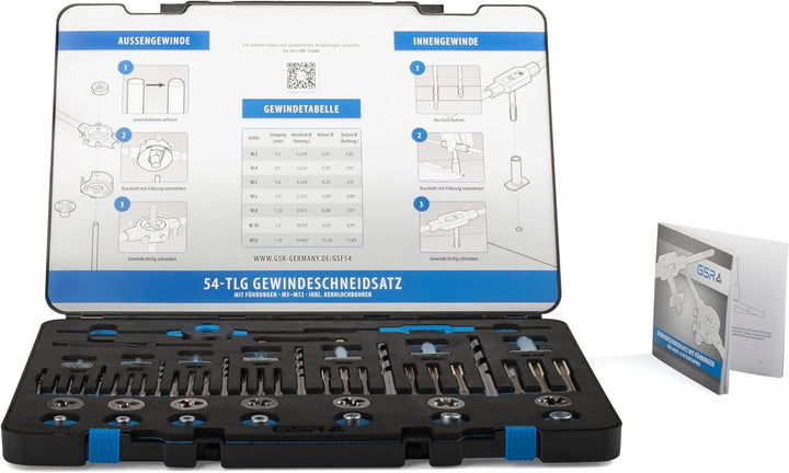 Gewindeschneid-Sortiment M3-M12 HSS, Mit Führungen für Handgewindebohrer und Schneideisen und Kernlo