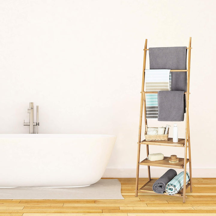 Relaxdays Handtuchhalter Bambus, Faltbar, Kleiner Kleiderständer, 3 Ablagen & Handtuchhalter stehend