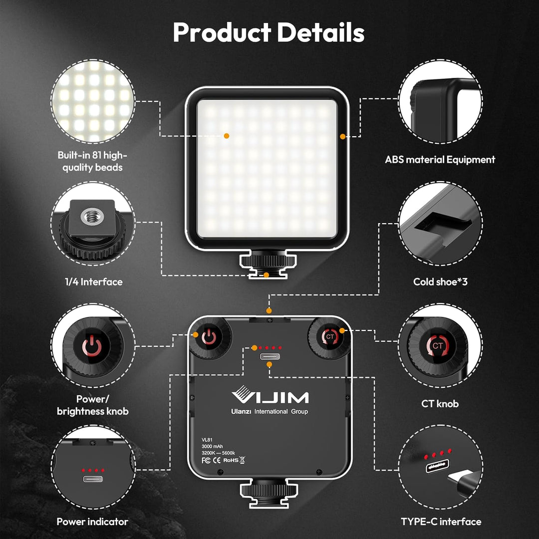 ULANZI VL81 Videoleuchte 81 LEDs Videolicht mit Cold Shoe, Foto Licht 3200K-5600K Farbtemperatur Hel