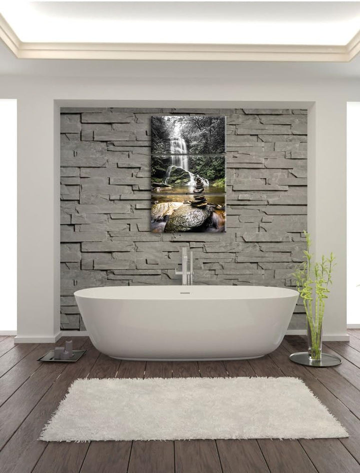 Pixxprint Zen Steine vor Wasserfall B&W Detail 3-Teiler Leinwandbild 120x80 Bild auf Leinwand