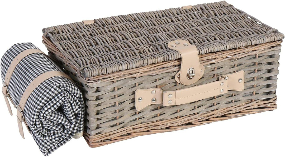 Mendler Picknickkorb-Set HWC-B24AM für 4 Personen, Weiden-Korb, Porzellan Edelstahl - schwarz-weiss,