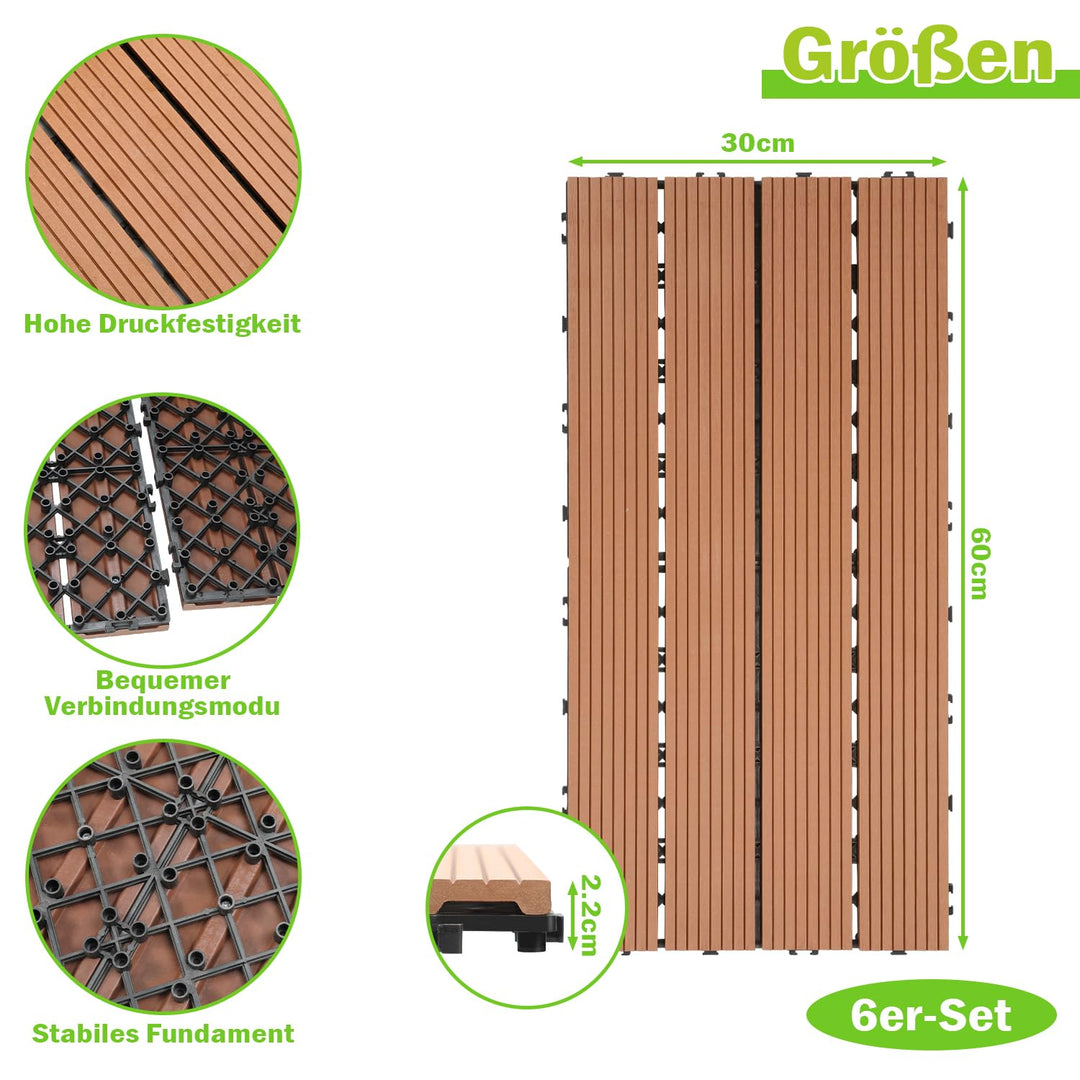 Ansobea WPC Terrassenfliesen Fliesen, 30x60 Holzfliesen 6er Set für 1m²,Balkonfliesen in Holzoptik,B