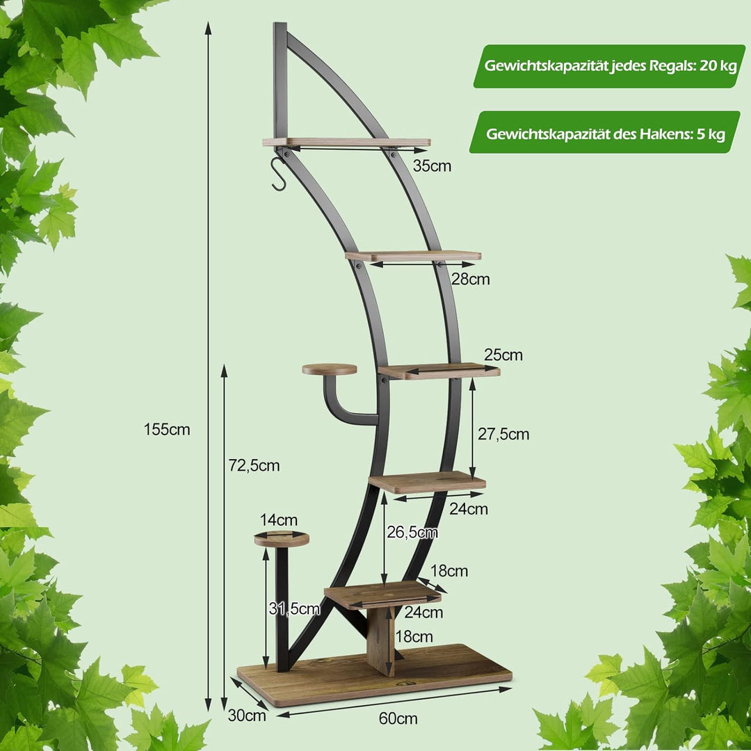 COSTWAY 6-stufiger Metall-PflanzenstÀnder in Halbmondform, Blumenregal mit 2 kleine Ablagen & oberem