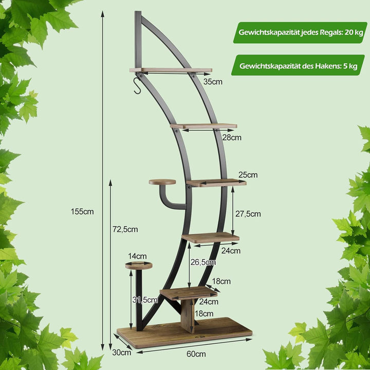 COSTWAY 6-stufiger Metall-PflanzenstÀnder in Halbmondform, Blumenregal mit 2 kleine Ablagen & oberem
