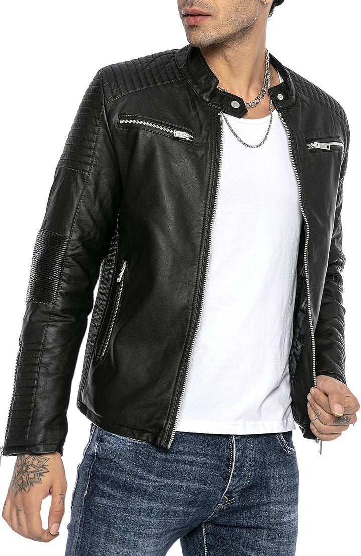 Herren Lederjacke Kunstleder Bikerjacke Übergangsjacke Brooklyn Slim Fit Schwarz M Schwarz, M Schwar