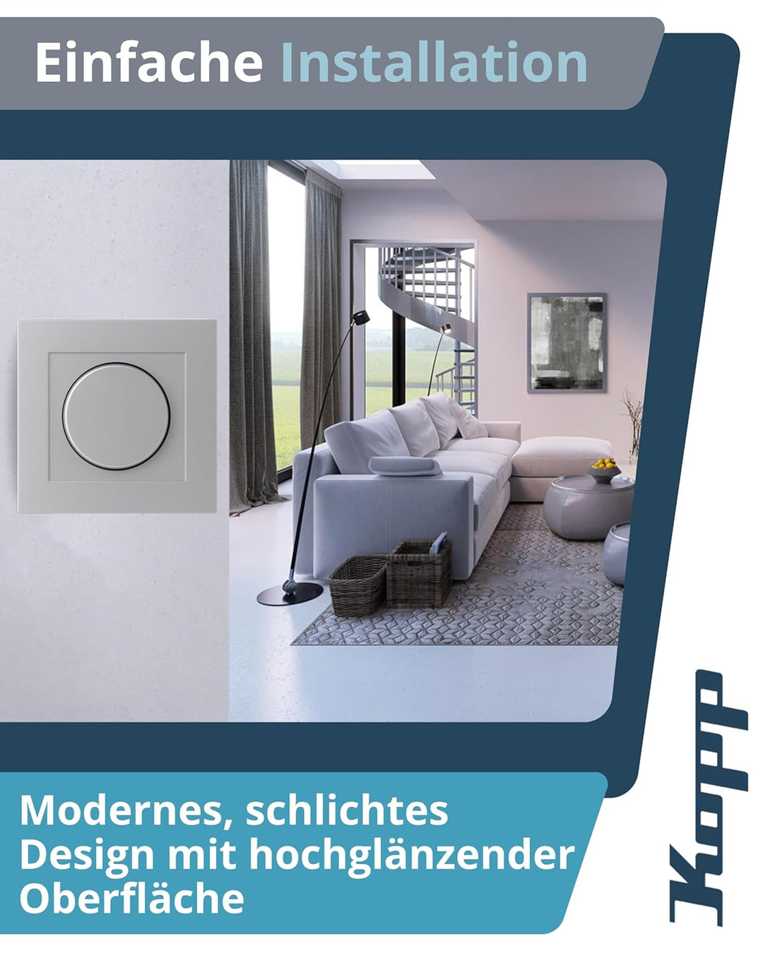 Kopp Athenis Stahl, Druck-Wechsel-Schalter, Kombigerät, LED-Dimmer, für Glüh-Lampen, 230V Halogenlam