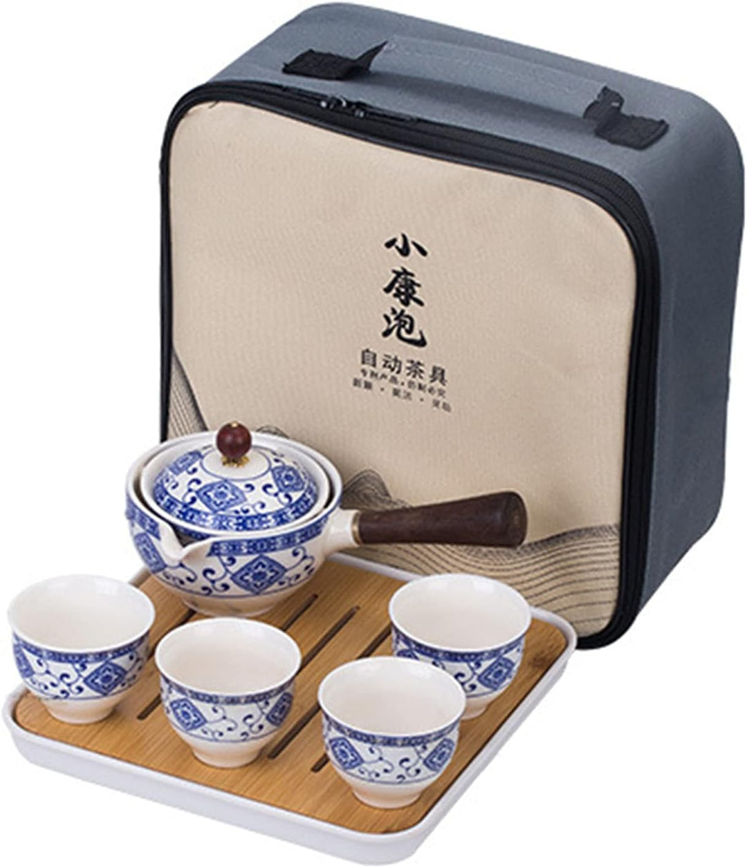 fanquare Blau und Weiss Porzellan Tragbares Reise Tee Set, Handgemachtes Kungfu Teeservice, 4 Tassen