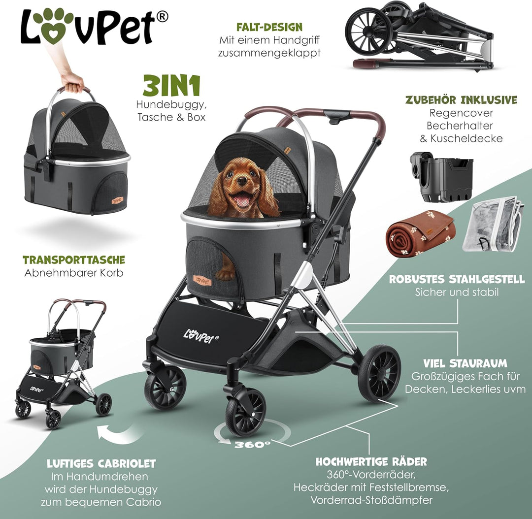 LOVPETยฎ Hundewagen 3in1 Hundebuggy Hundebox Transporttasche 360ยฐ Grosse Rรคder Faltbar klappbar Haust