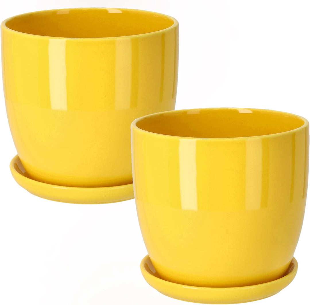 KOTARBAU® 2er Set Keramik Blumentopf Übertopf für Blumen Pflanzen ⌀ 13 cm mit Tropfschale Gelb