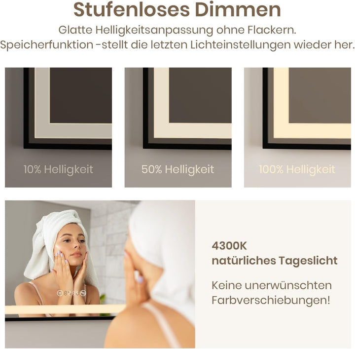 EMKE Badspiegel mit Beleuchtung 70x50cm Badspiegel Schwarzer Rand LED Badezimmerspiegel mit Touch, A