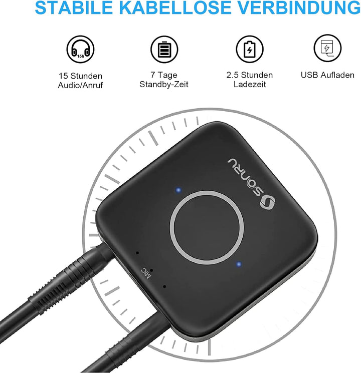 Aux Bluetooth 5.3 Adapter Stereoanlage, SONRU Bluetooth Empfänger Receiver Audio Adapter mit Aux 3.5