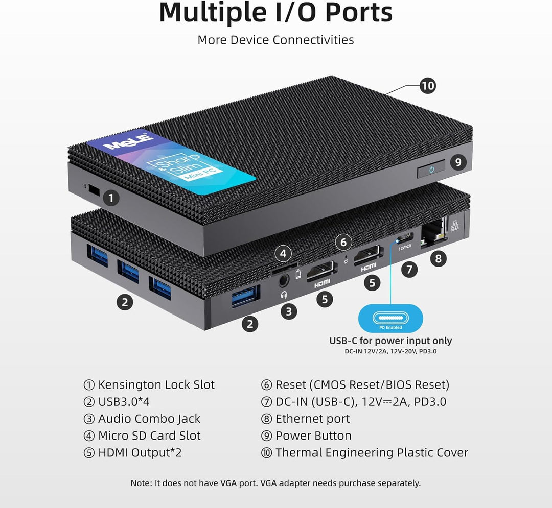 MeLE Quieter3Q Lüfterloser Mini PC Windows 11 Pro Celeron N5105 8GB 256GB, Portable Desktop HDMI Wif